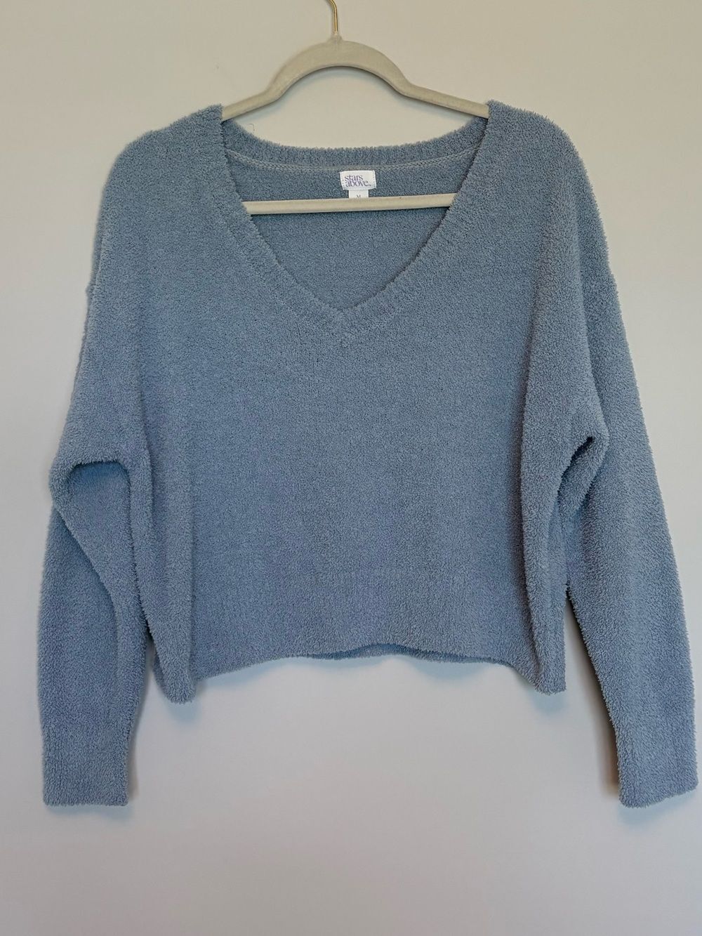 Stars Above Cozy Feather Knit V-Neck Sweater Medium Slate Blue Plush Loungewear